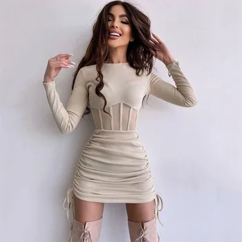 Image Shirring Mesh Hollow Out Bodycon Dress Women O Neck Long Sleeve Mini Vestidos Ribbed Hot Sexy Dresses Fashion High Street Wear