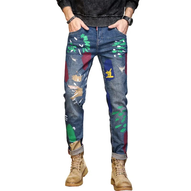 Paint Printing Street Design Denim Men's Fashion Scratch Slim High Street Washed-out Vintage Personality Skinny Pants