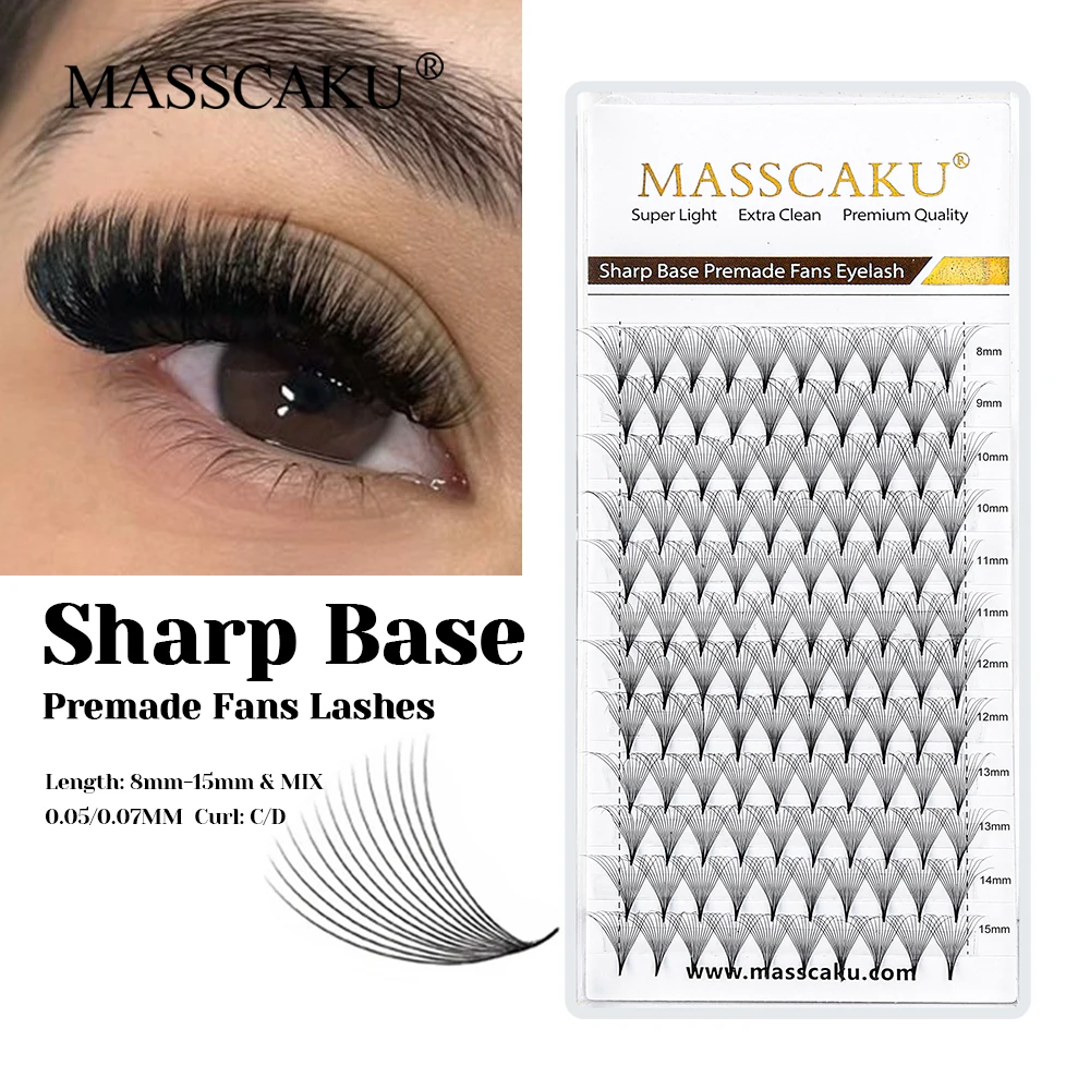 New Style MASSCAKU Fluffy Faux Mink 14/16D Sharp Narrow Stem Lashes Soft Matte Black Thin Root Pointy Base Lash for Beauty Salon