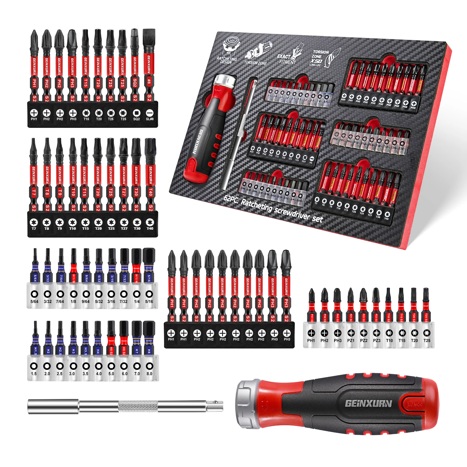 

GEINXURN 62pcs Ratchet Screwdriver Set, 12-in-1 Magnetic Screwdriver, Quick-Load, S2 Steel mixed bits with Eva Foam Storage Tray