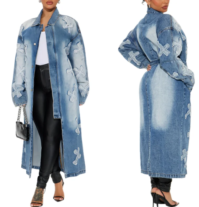 2026 エレガントな新作カジュアルレディース秋冬ストリートファッションクロス刺繍ロングウィンドブレーカー女性服