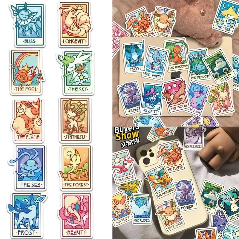 Paquete de 90 Pegatinas de Cartas del Tarot de Pokémon Eevee Pikachu, Calcomanías de Vinilo de Anime para Decorar Diarios, Computadoras Portátiles y Botellas de Agua
