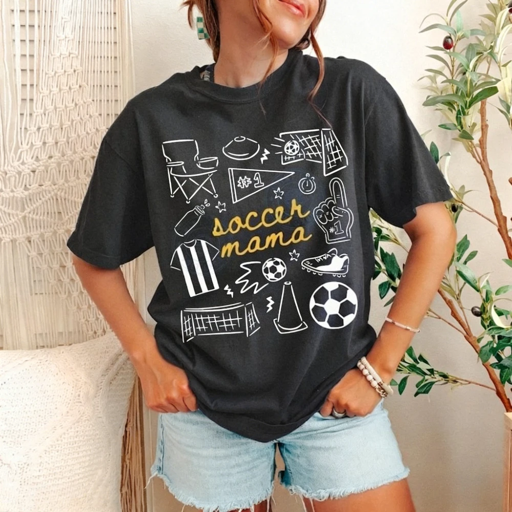 Soccer Mama T-Shirt Soccer Season SHirt Game Day Graphic Tee Sports Mom Shirt Womens Sports Doodle Tshirt High Quality Cotton