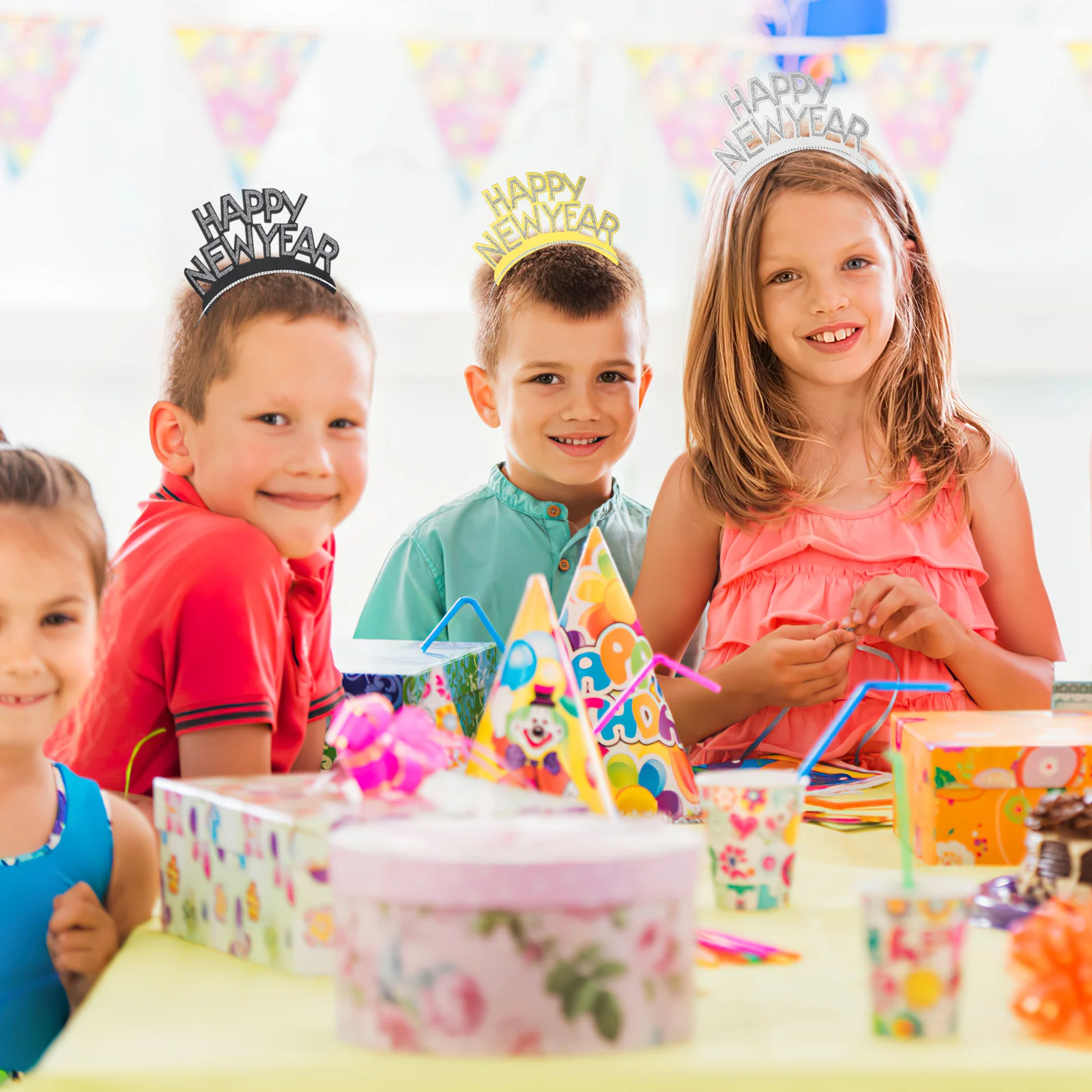 

12Pcs Happy New Year Headband Aluminum Foil Hair Hoops Lightweight Shiny Decorations for Family Celebration Hair Hoops