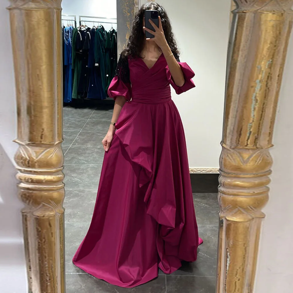 

Pink Evening Dresses for Women 2023 Satin A-Line Simple Elegant V Neck Puffy Short Sleeve Floor Length Custom Made Zipper Back