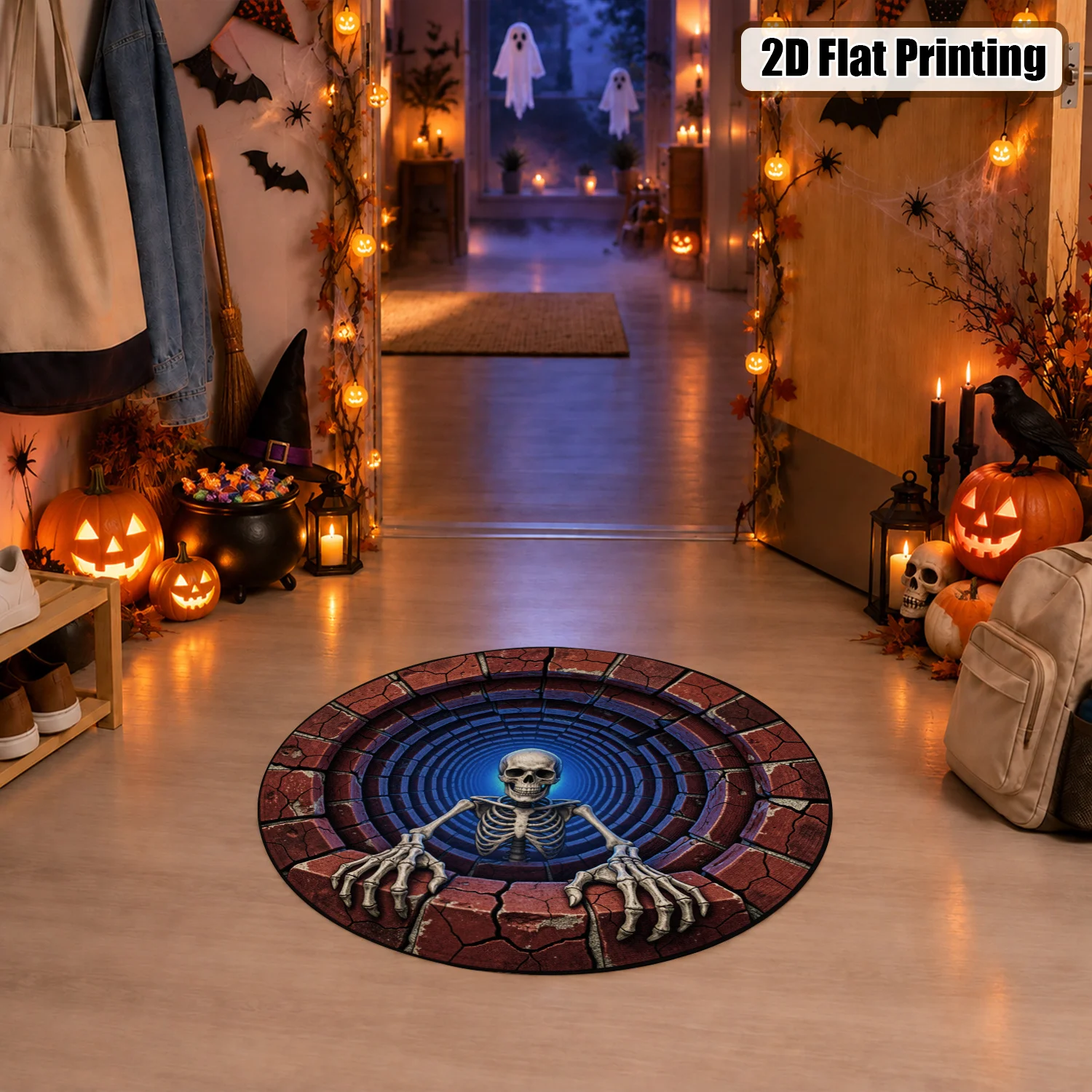 Skeleton Brick Tunnel Circular Design Velvet Round Decorative Mat Machine Washable for Living Room Entryway Foyer Porch Suitable for Halloween Thanksgiving Black Friday Christmas New Year