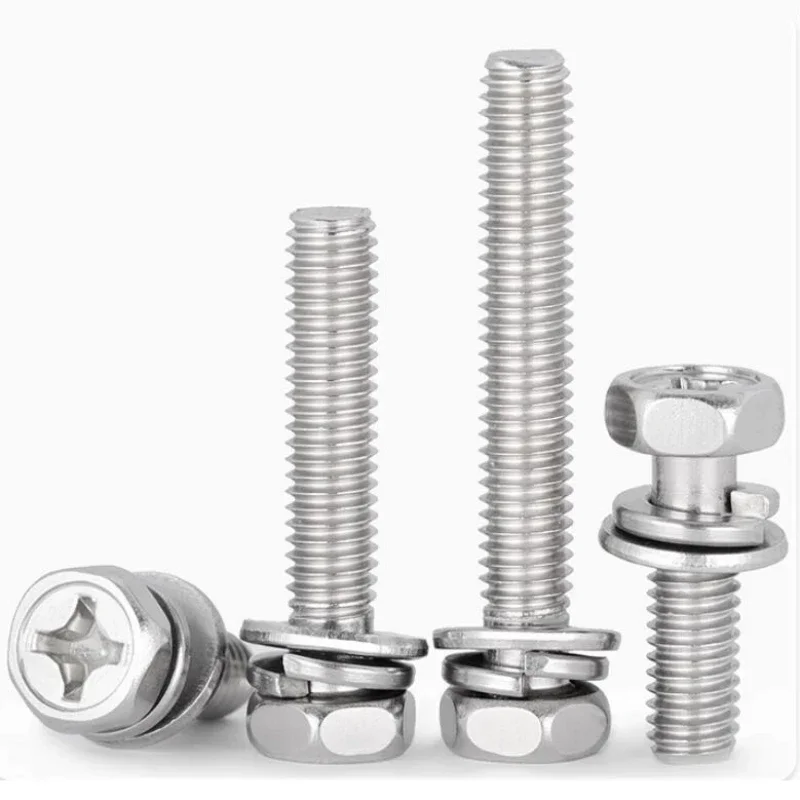 50/100pcs 201 Stainless Steel Cross Hexagonal Triple Combination Screw Recessed Bolt with Flat Spring Washer M4 M5 M6