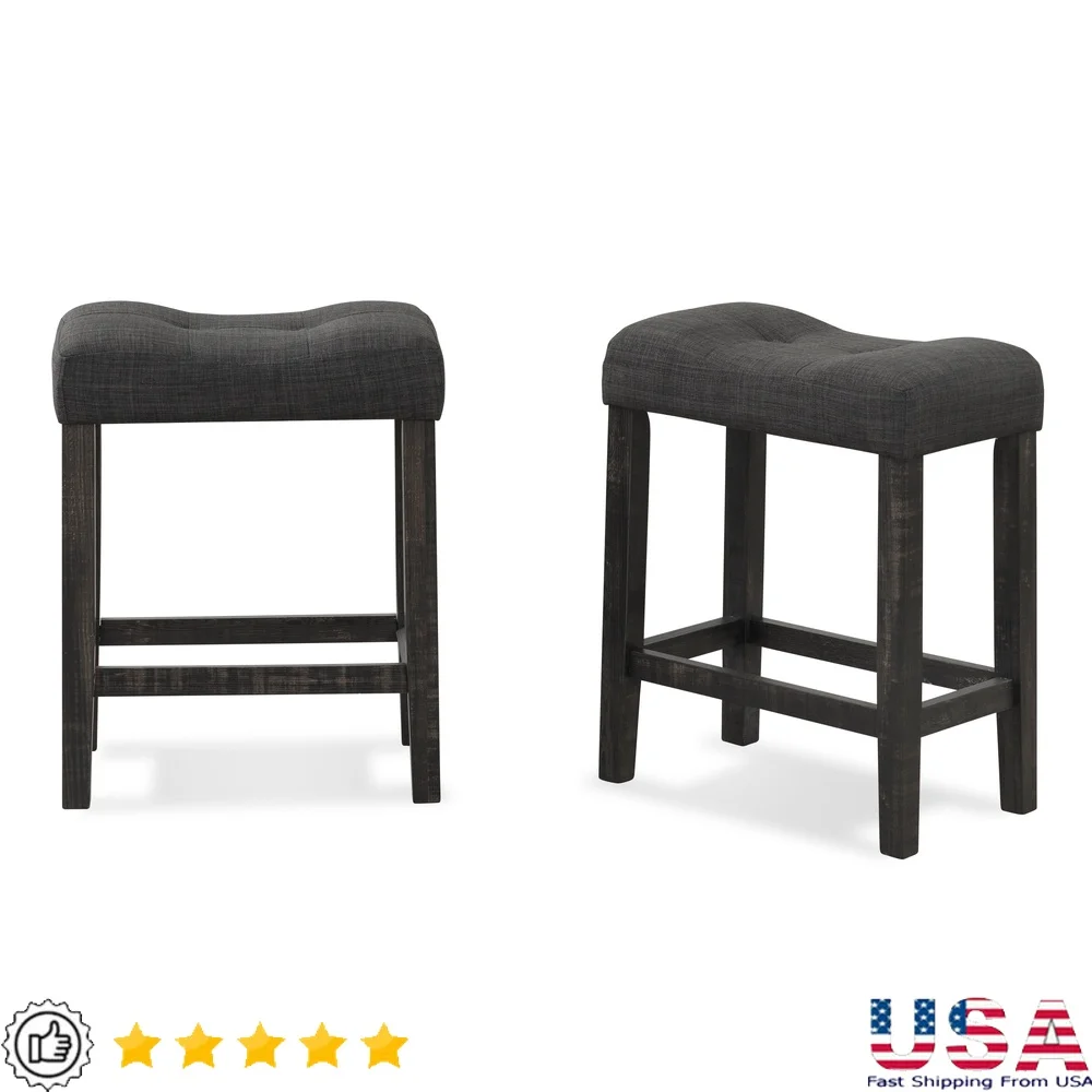 

Tufted Saddle Counter Height Stools Set of 2 with Soft Foam Cushion Solid Rubberwood Frame Distressed Finish Home Bar Furniture