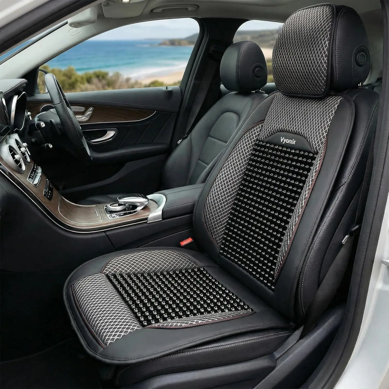 

Wooden Bead Car Seat Cover with Cooling Mesh - Universal Fit for Sedan, SUV & Truck in Royal Black