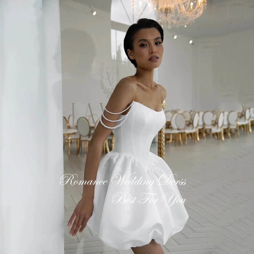 Moderno plissado cetim curto vestido de baile vestido de casamento barco-pescoço fora do ombro acima do joelho aberto volta vestidos de novia personalizado