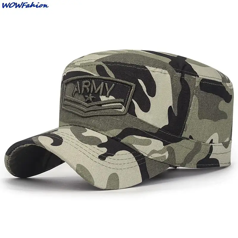 Summer Men\'s Camouflage Flat Top Hat Men Cotton Hat  Embroidered Letter Sport Cap With Brim Camo Hat