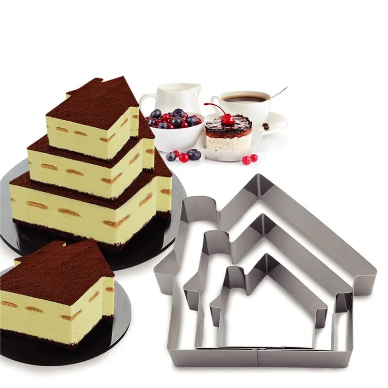 

3 PCS House Shape Stainless Steel Mousse Ring Mould Set Cartoon Multilayer Cake Making Tool Cheesecake Tiramisu DIY Baking Mould