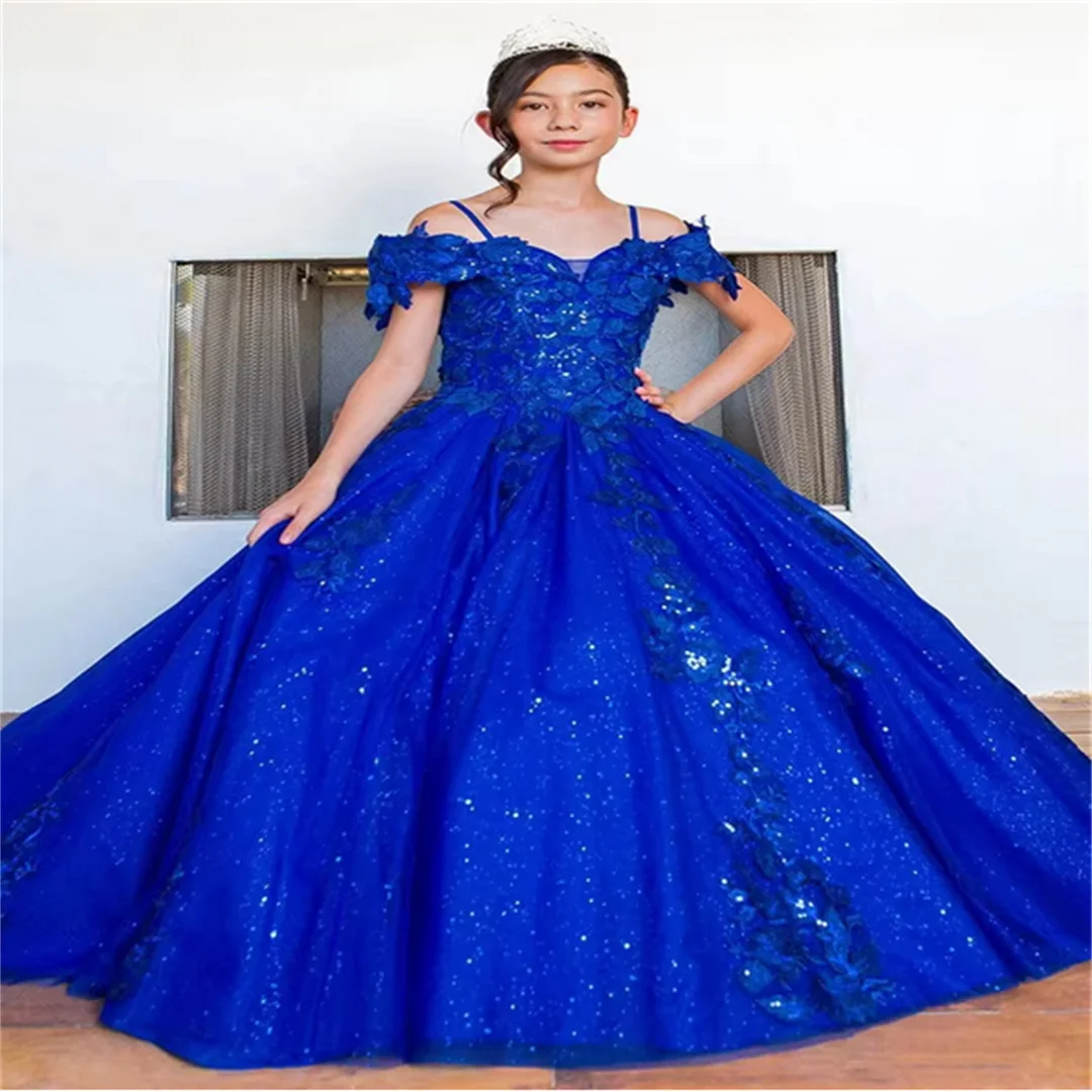 Royal Blue Flower Girl Dress with Spaghetti Band Lace Stickers Thin Gauze Princess Beauty Pageant Formal Event