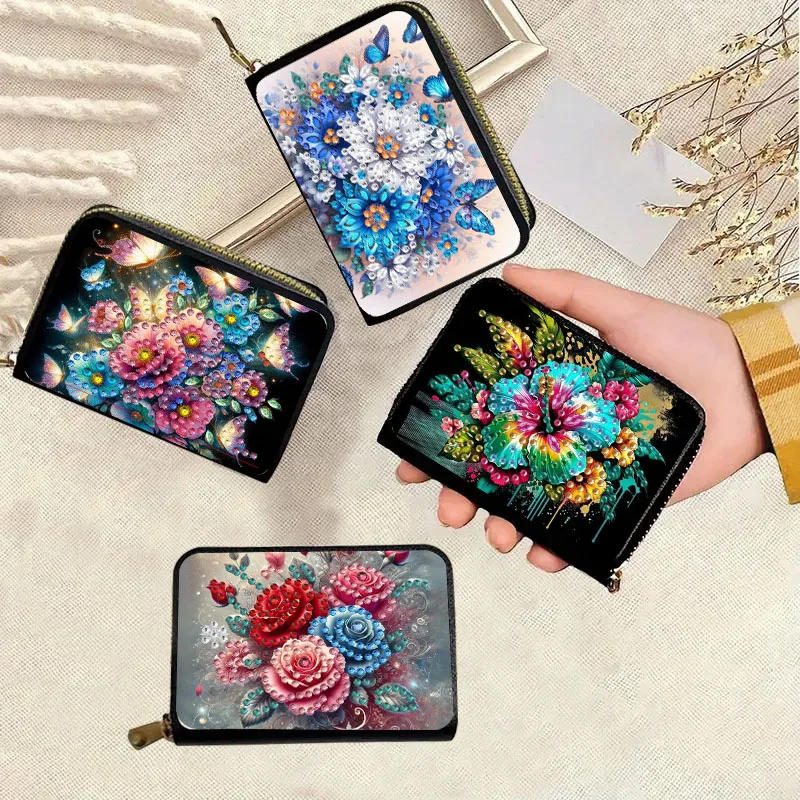 1 Multi-Color Floral Pattern Diamond Painting Art Set Fashionable Card Case, DIY Large-Capacity Multi-Slot Zipper Closure Design