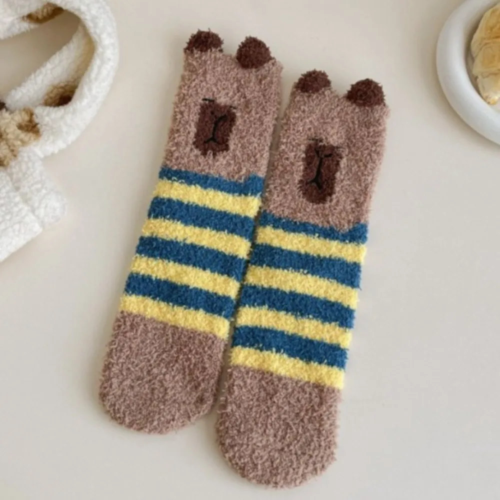 

Autumn Winter Warm Floor Socks Capibara Embroidered Coral Fleece Socks Fleece Thickened Cartoon Sleep Socks Women