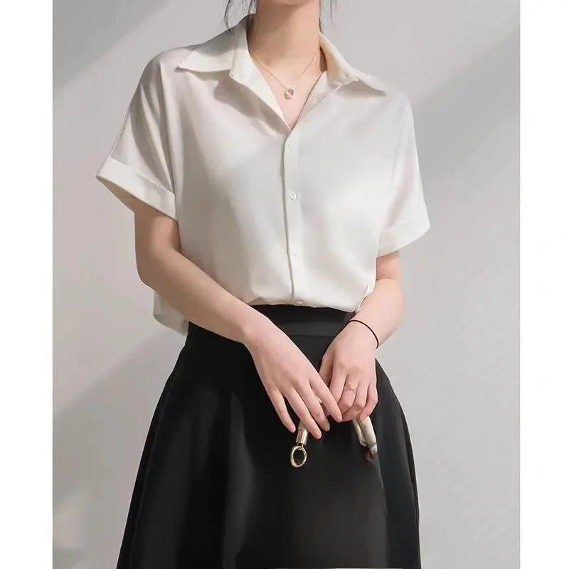 우아한 빈티지 여성 솔리드 반팔 셔츠 한국 패션 여름 여성 블라우스 캐주얼 심플 의류 탑 여성 트렌디