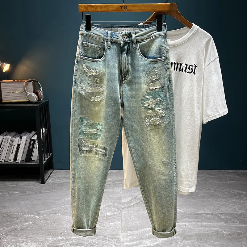 Retro Make Old Ripped Denim Trousers for Men2024New High-End Washed Stretch Slim Fit Nostalgic All-Matching Skinny Pants