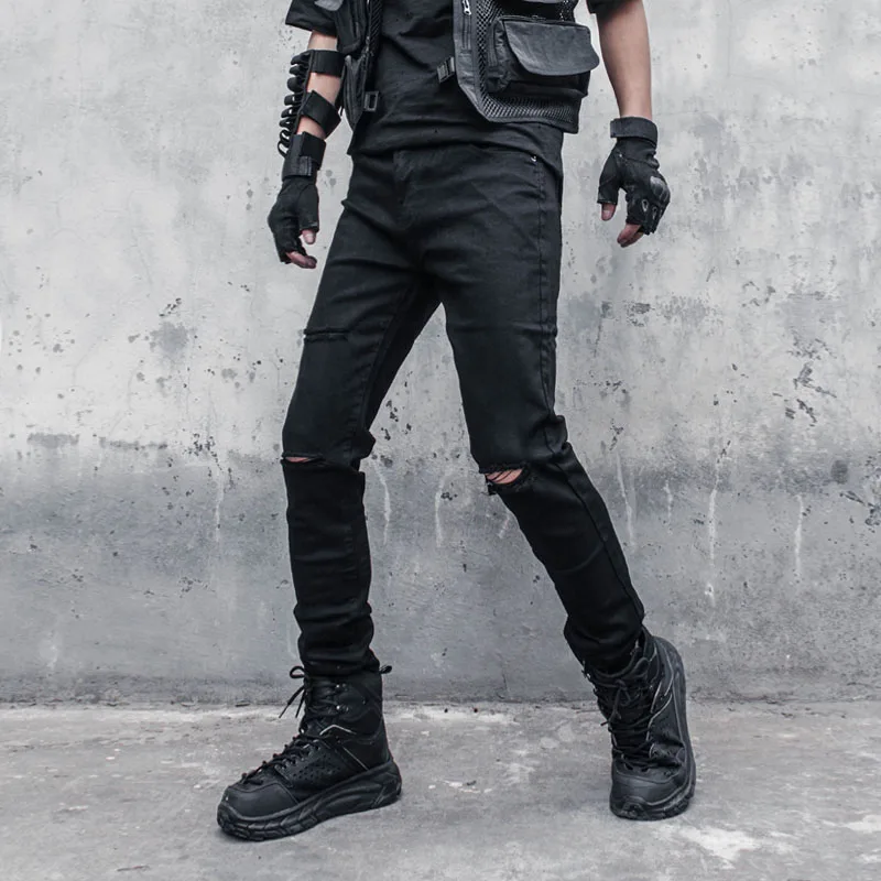 

Dark Fashionable Men Black Jeans Spring Teenagers Ripped Korean Stretch Feet Pants Casual Trousers