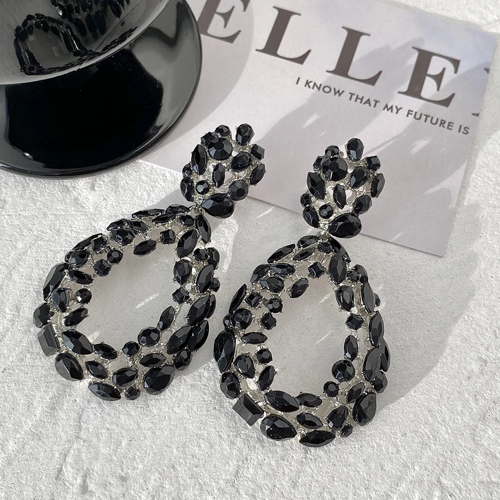 Lifefontier Vintage Black Full Rhinestone Geometric Drop Earrings For Women Exaggeration Square Heart Charms Earring Jewelry