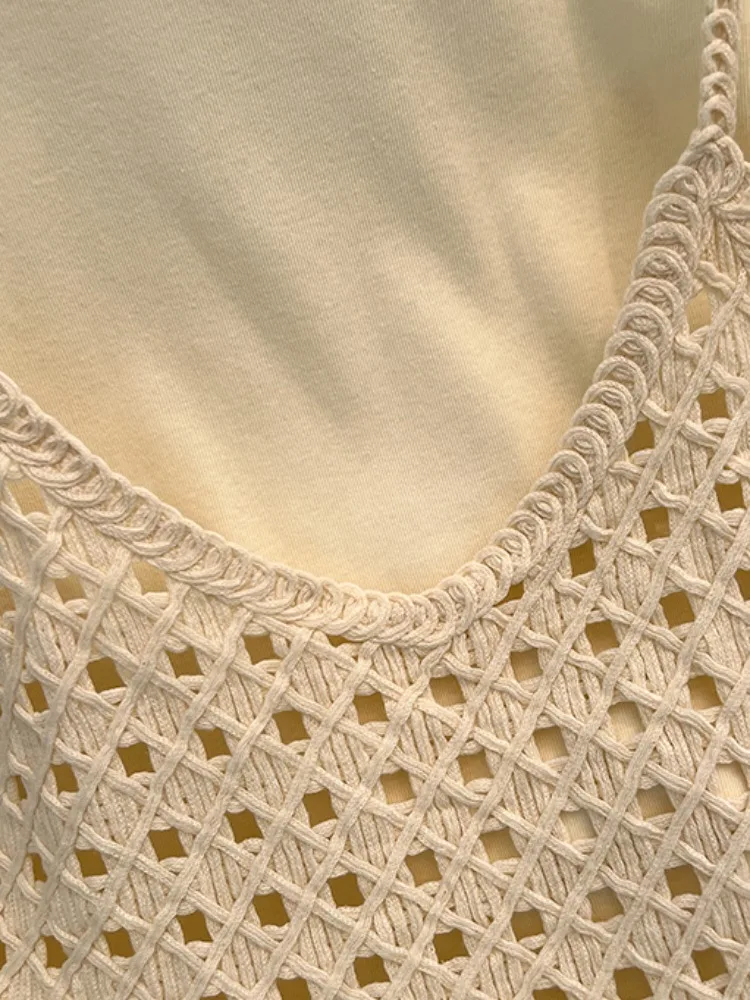 ชุดเซ็ตสองชิ้น เสื้อกล้ามสายเดี่ยวผ้าฝ้ายแท้ แต่งลูกไม้ฉลุลาย สไตล์เกาหลี ทรงหลวม