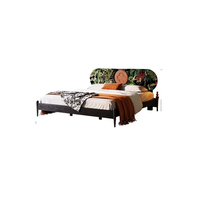

Small master bedroom, high-grade black solid wood bed, medium antique double bed