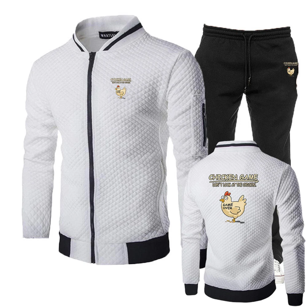 Chicken Game Don't Look At The Chicken Pattern Spring Autumn Men New Slim-fit Set Stand-up Collar Cardigan+Sweatpant Casual Suit
