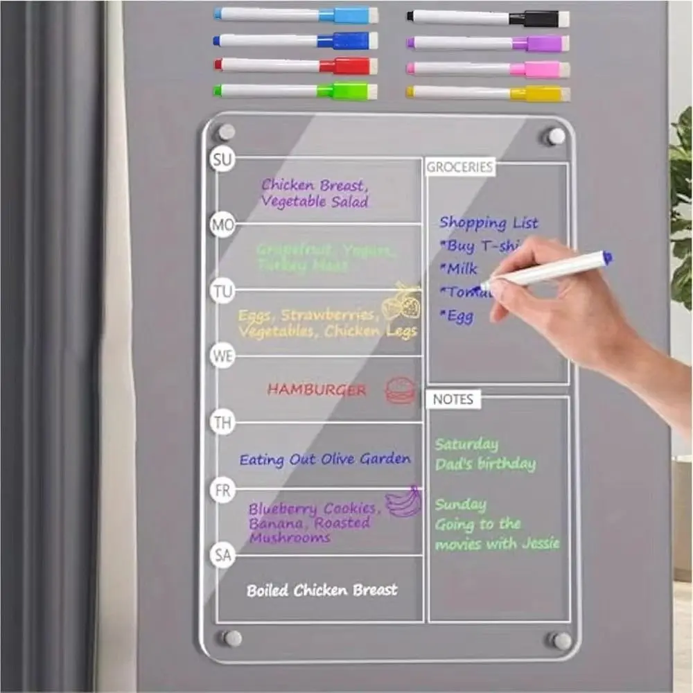 Reusable Fridge Weekly Calendar Multifunctional Transparent Magnetic Acrylic Weekly Planner Frameless Removable