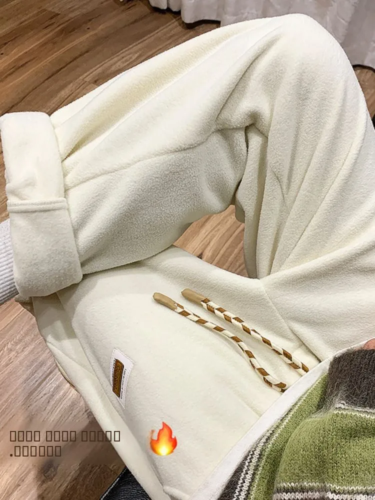 

Men's Fce Lined Thiened Straight Leg Pants Winter Sports Casual Trousers Double Sided Velvet Loose Fit Elastic Waist