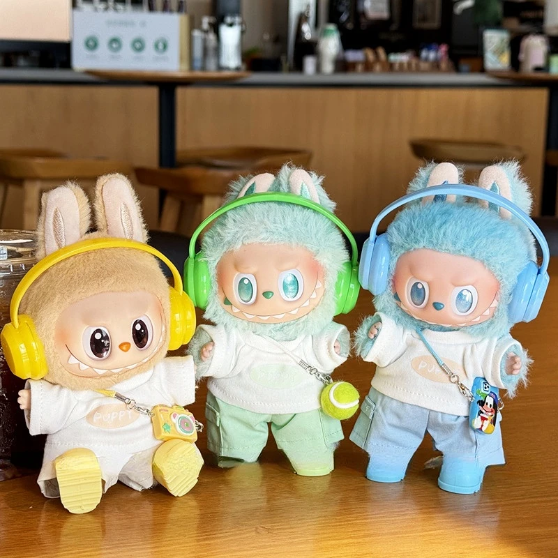

15/17cm 1st-3rd Gen Doll Trendy Sporty Girl Labubu Outfit Set Casual White Tees Colorful Headphones Sporty Fashion Accessories