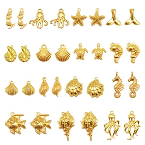 15pcsゴールドカラーマリンライフチャームアロイフィッシュマーメイドシェルコンチサツマイホルスタコオクトパスペンダントブレスレットジュエリー手作りアクセサリー 8ベストセールスシーホース-8