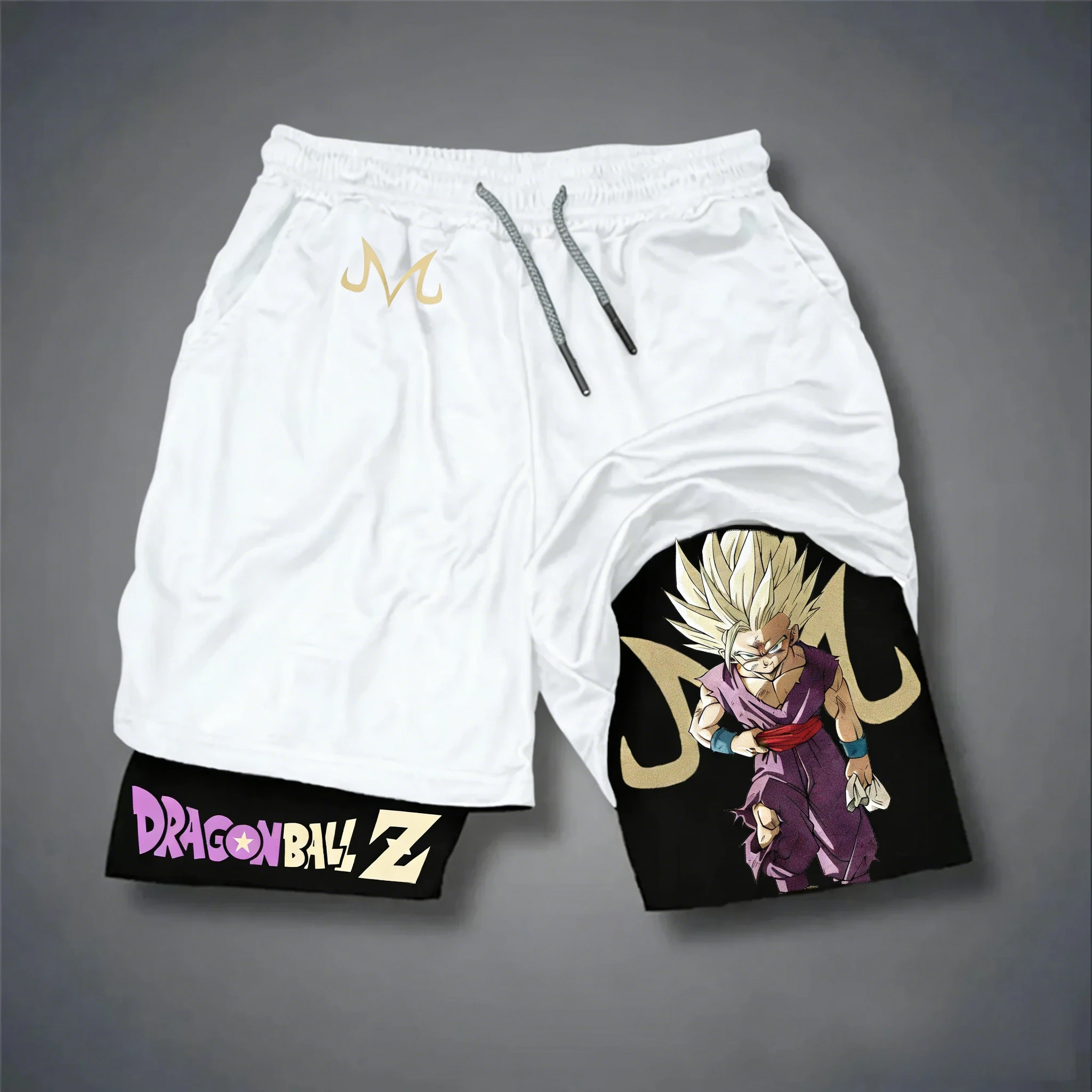 Bandai Dragon Ball Goku bedrukte dubbellaagse shorts, losse zomers zweetafvoerende en ademende sportshorts voor heren en dames