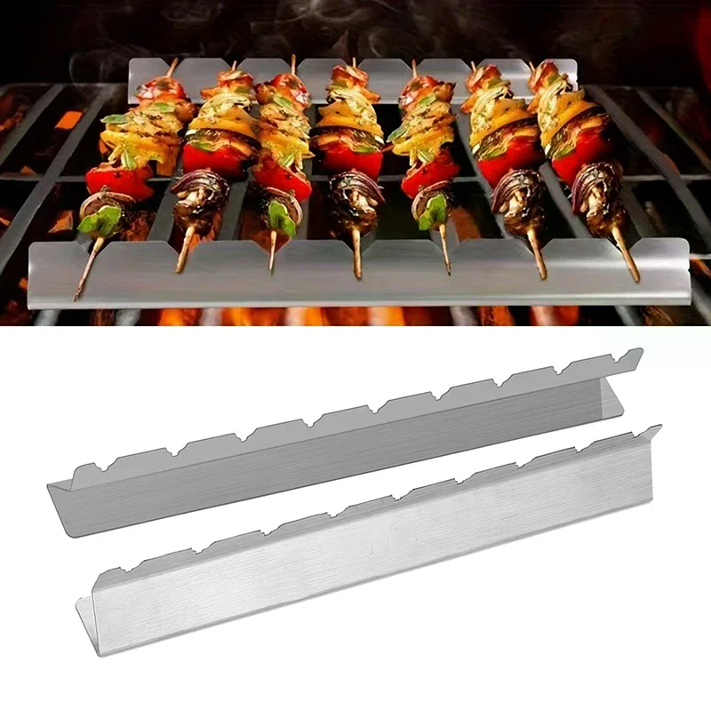2 PCS Skewer Holder Anti-slip Groove Stainless Steel Heavy Duty Long BBQ Tools Barbecue Grilling Shish Kabob Rack Outdoor Tools