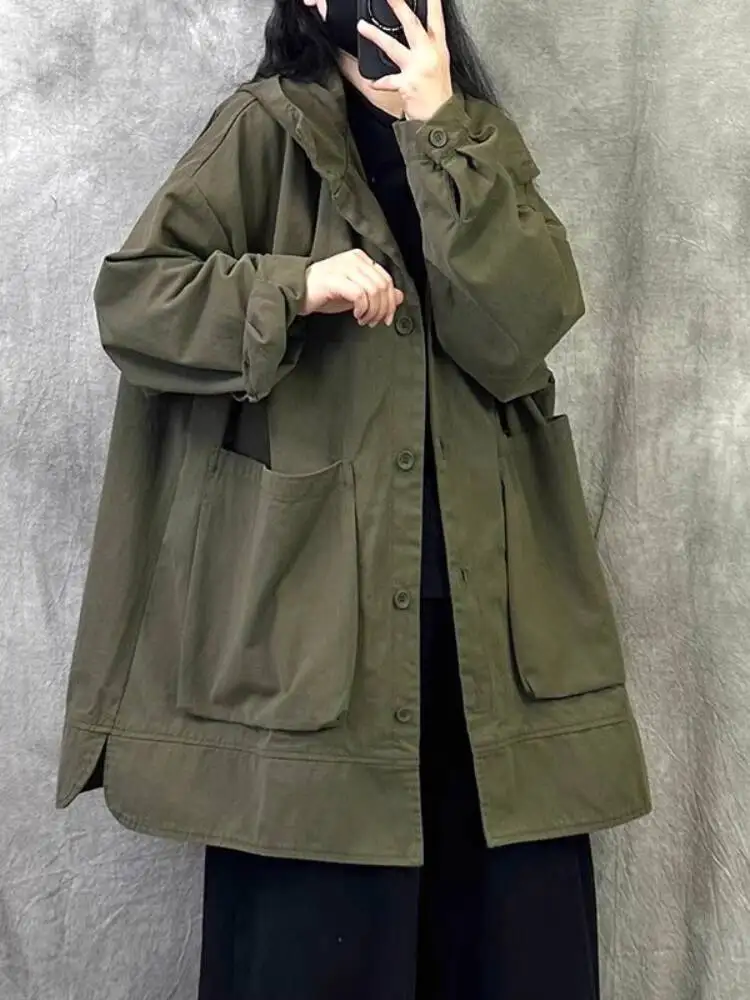 

2025 Spring Women's Basic Trench Coat Korean Style Full Cotton Hooded Plus Size Petite British Workwear Outerwear