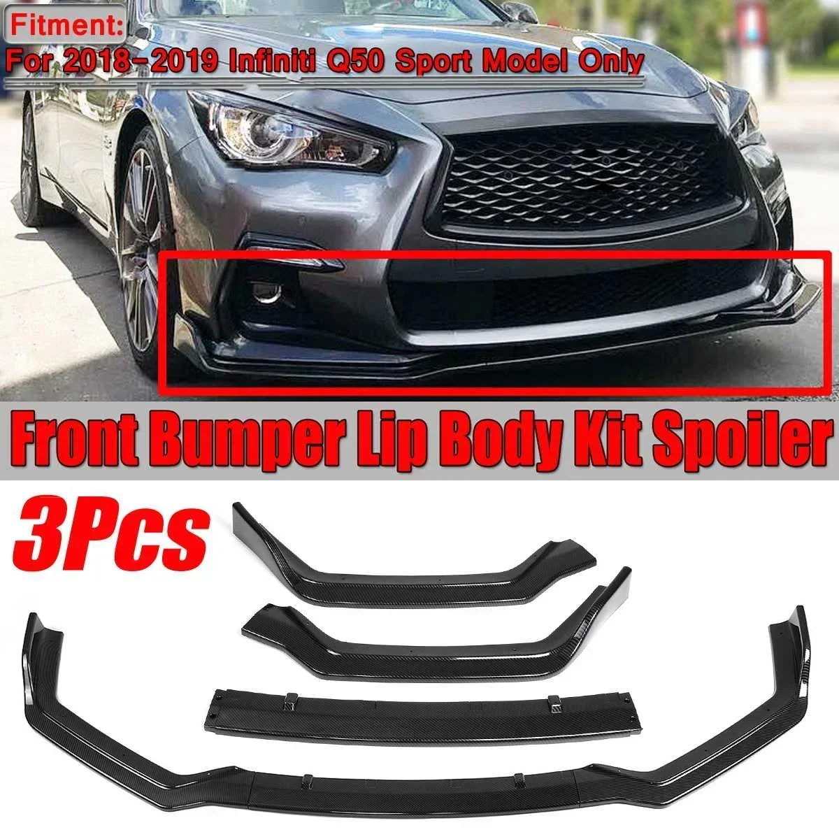 3 Color Car Front Bumper Splitter Lip Diffuser Cover Trim Guard Protector For Infiniti Q50 2018-2019 Sport Model 3PCS Body Kit