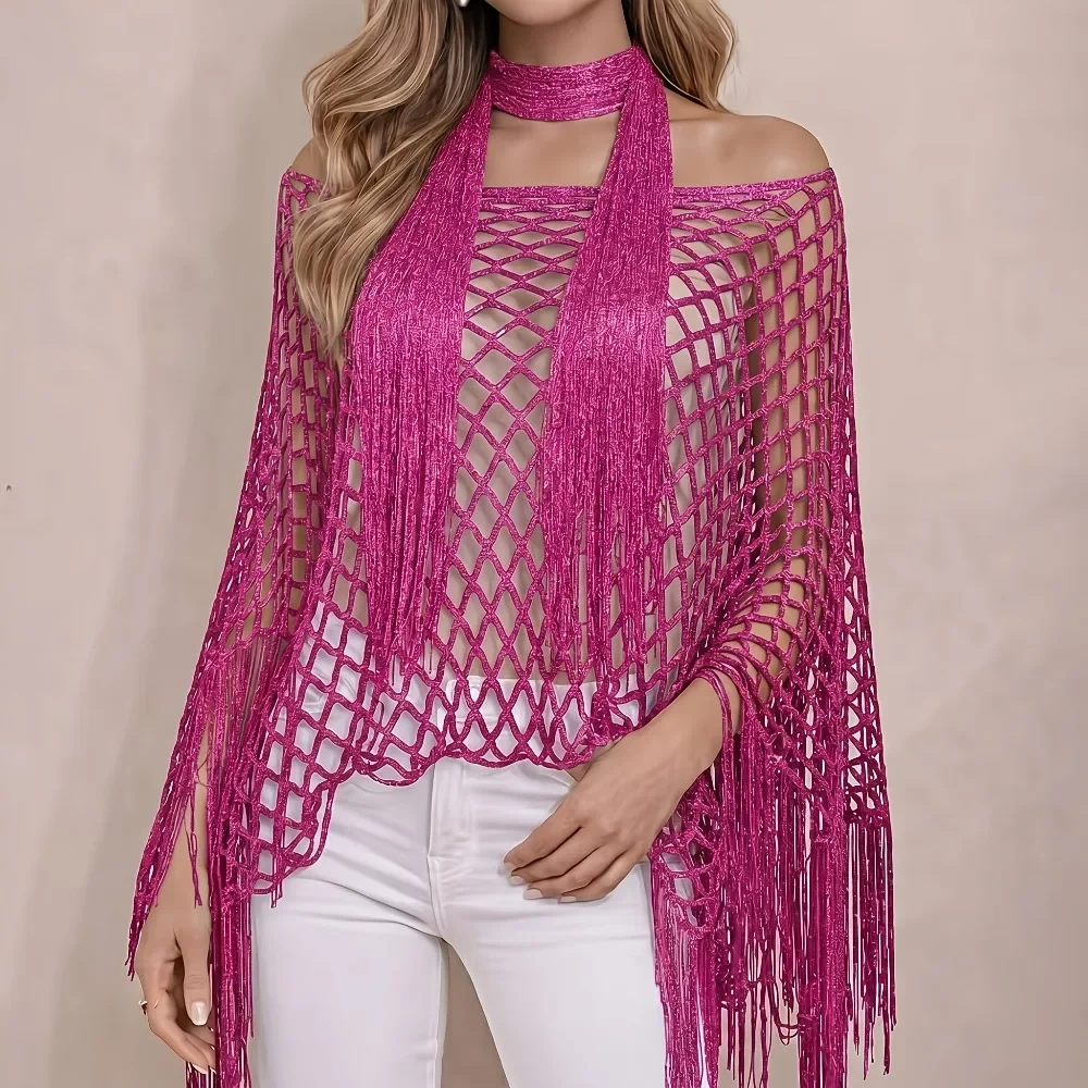 Women's Beach Bikini Cover Up Top Fashion Hollow Out Sun Protection Shawl and Scarf Set Sexy Tassel Pullover Holiday Beachwear