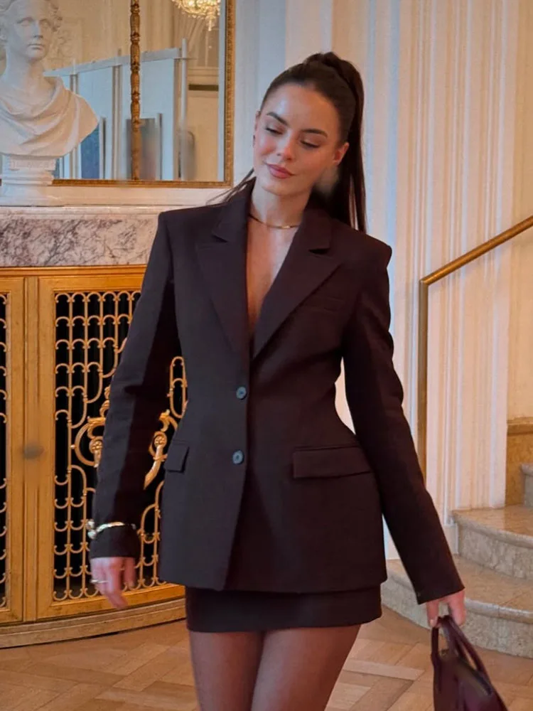 Hh primavera moda feminina ternos marrom turn-down colarinho mangas compridas único breasted blazer + cintura alta saia com zíper conjuntos femininos