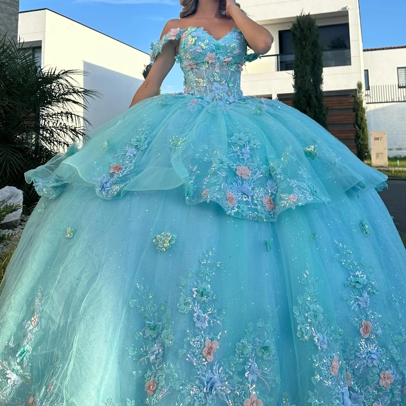 Water Blue Shiny Quinceanera Dress Ball Gown Off The Shoulder 3D Floral Lace Applique Beaded Corset Sweet 16 Vestido De 15 Anos