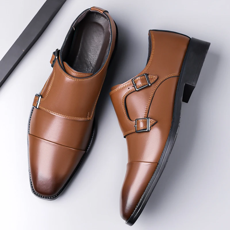 

Retro Brown Men's Leather Shoes Plus Size 48 Bussiness Mens Dress Shoes Pointed-toe Buckle Formal Shoes For Man chaussure hommes