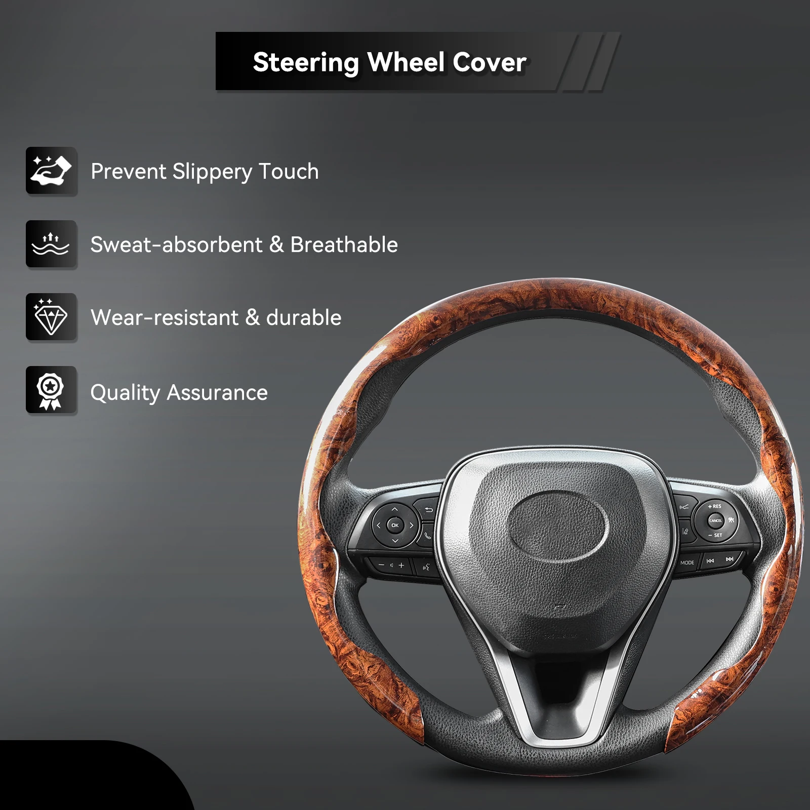 Car Steering Wheel Cover Wood Grain Mahogany Breathable Non-slip Universal 38cm 15inch for BMW Acura Lexus Honda Toyota