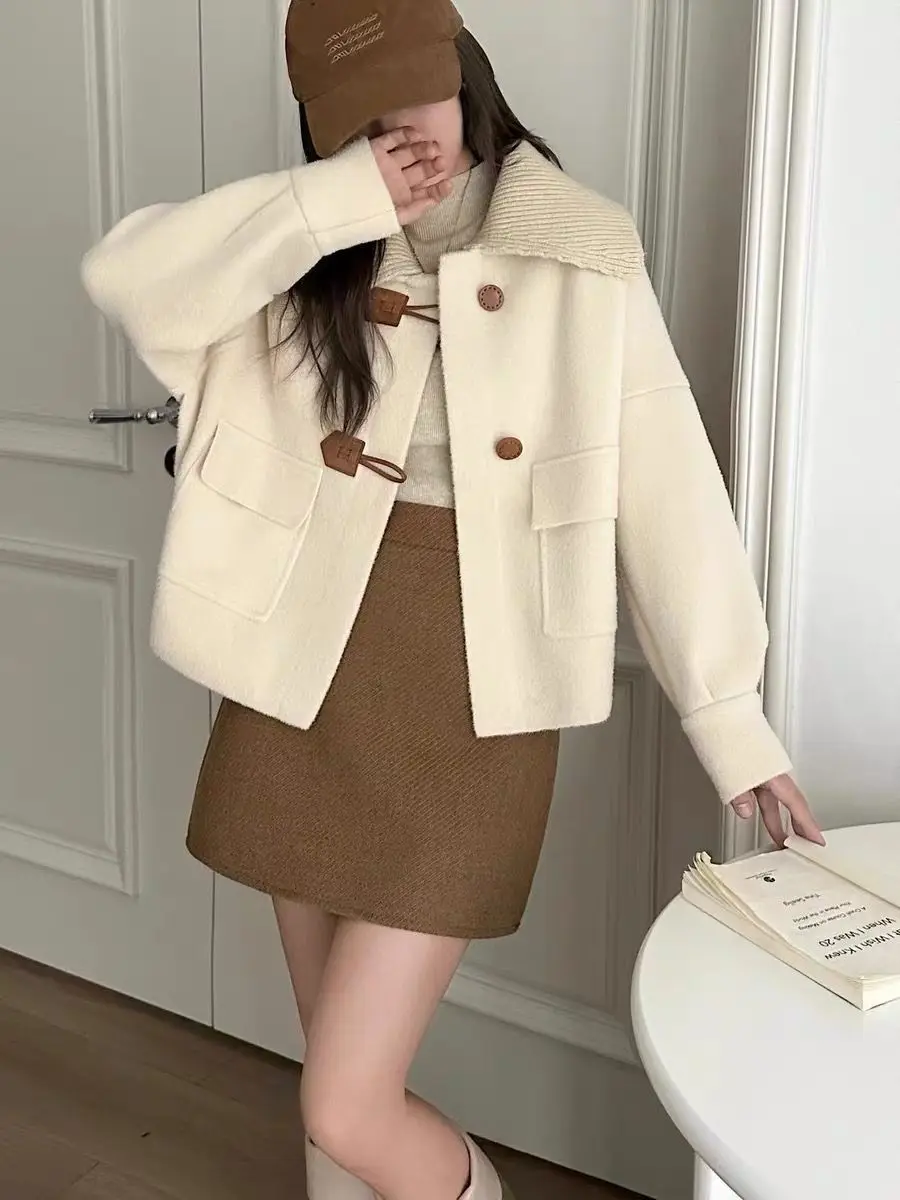 

Новая осенне-зимняя толстая свободная вязаная куртка с кукольным вырезом, женский имитация двустороннего шерстяного вязаного кардигана