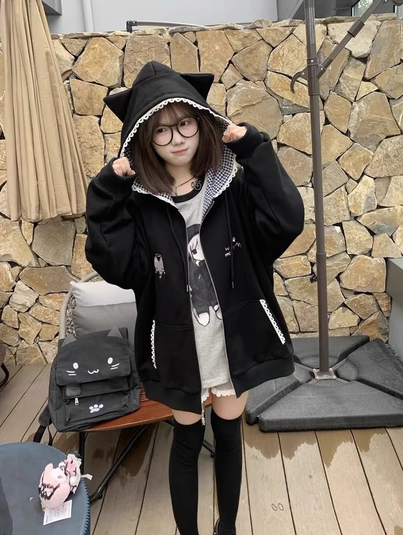 Autumn Solid Color Zipper Cardigan Cute Cat Embroidered Hooded Thin Sweater Jacket Women