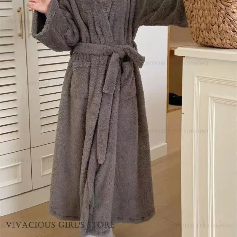 

Thicken Coral Fleece Sleepwear Autumn Winter Nightgown Kimono Bathrobe Gown Loose Casual Loungewear Women's Long Robe Home Dress