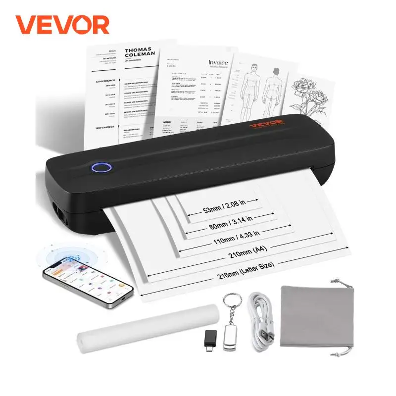 Impresora térmica portátil VEVOR - Batería de 2600 mAh, 300 DPI, impresora móvil sin tinta con Bluetooth para papel térmico A4, A5 y 8,5" x 11", compatible con iOS, Android y portátiles, para viajes, oficina y uso domé