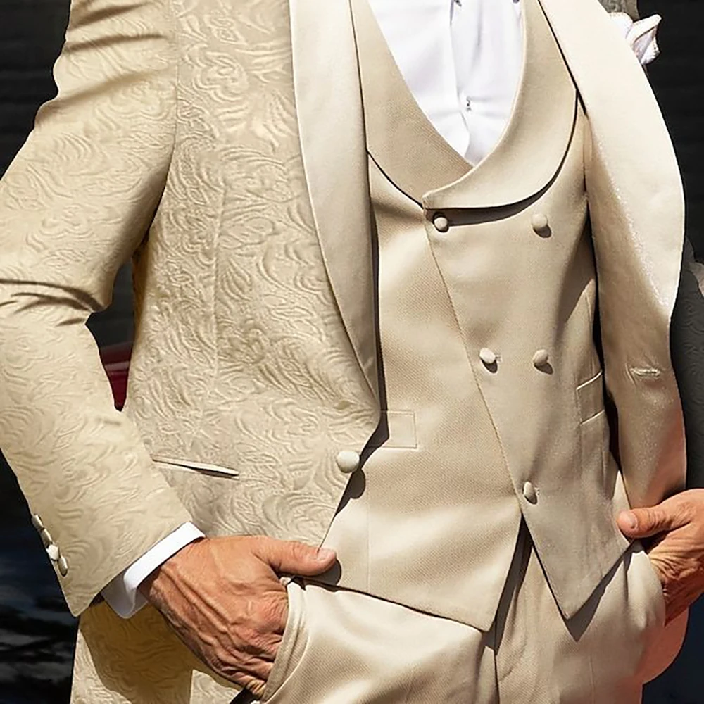 

Jacquard Men's 3 Pieces(Jacket+Vest+Pants) Suit Set with Satin Shawl Lapel Single Button Luxury Wedding Tuxedo Groom Blazer