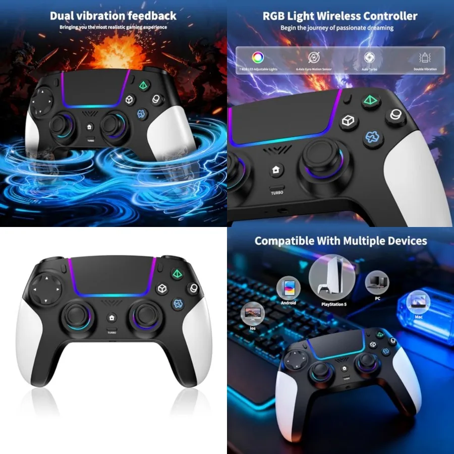 Wireless Controller for PS5 with RGB LED, TURBO, Dual Vibration, 6 Axis Gyro Sensor, Touchpad, Ergonomic for Playstation 5 Cont