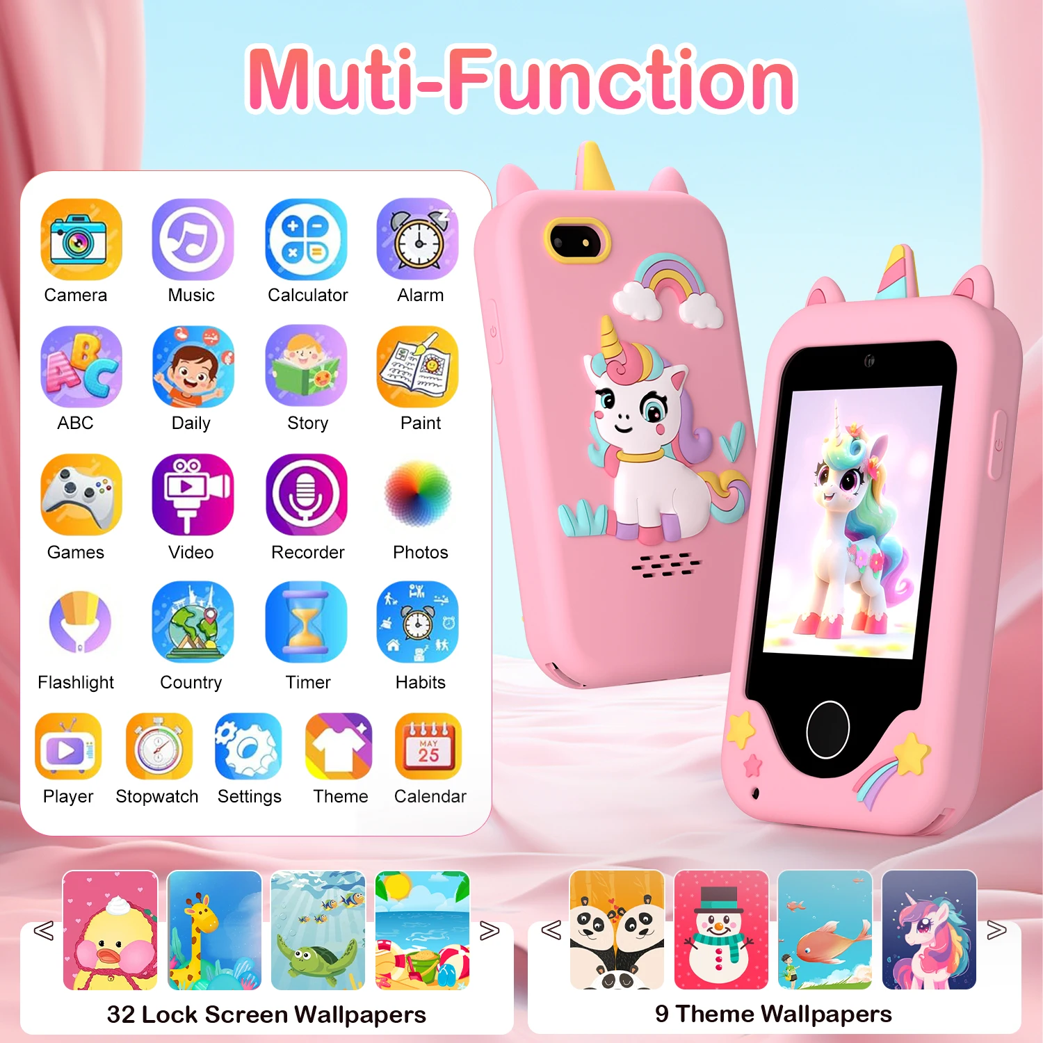 Cute Unicorn Kids Mobile Toy Touchscreen Dual Camera MP3 Educational Games Smart Phone Gift For Boys Girls Age 3-8