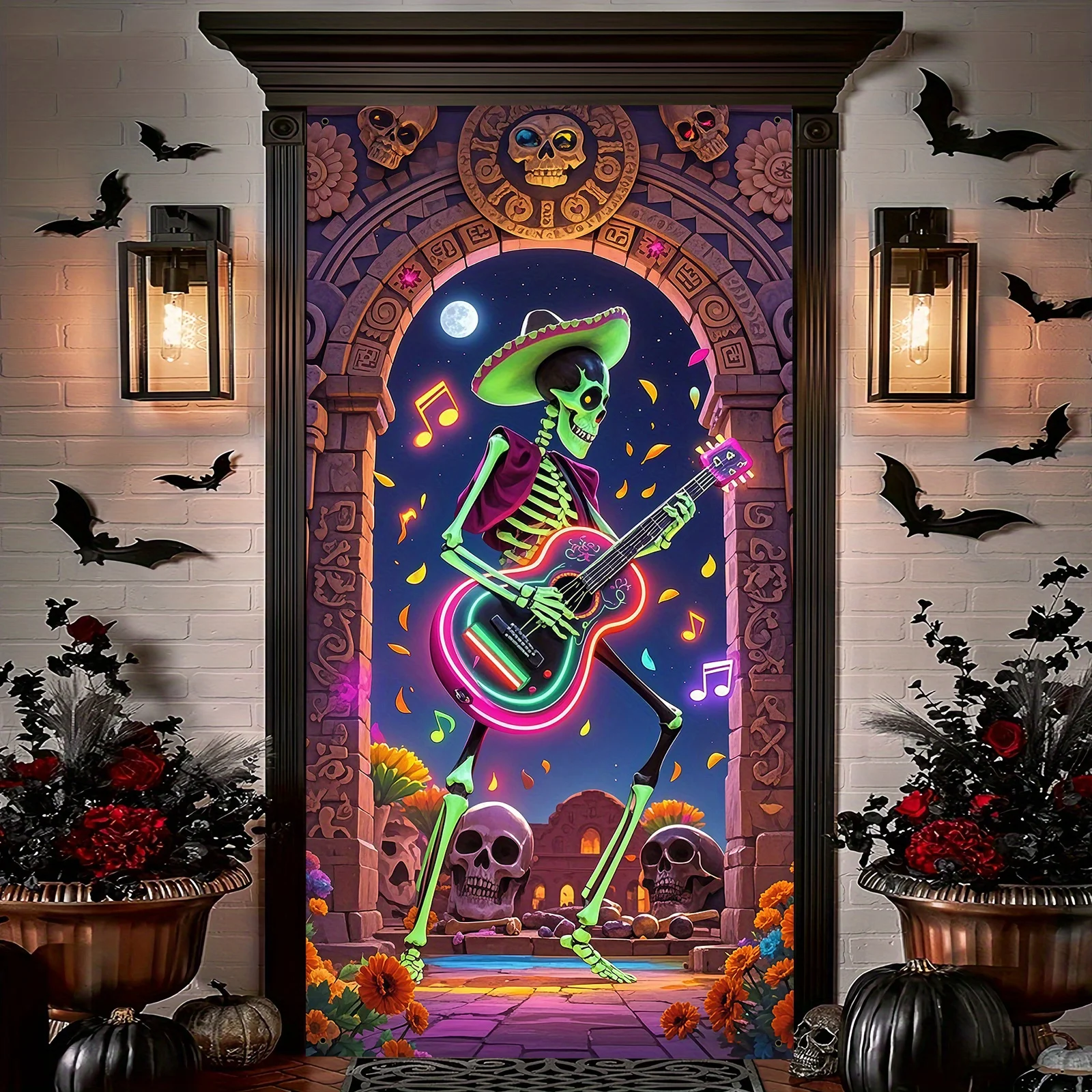 1Pcs Halloween Mexikanischen Karneval Party Tür zu Tür Dekoration Skelett Gitarre Banner Dekoration Hause Tür Terror Party Decor