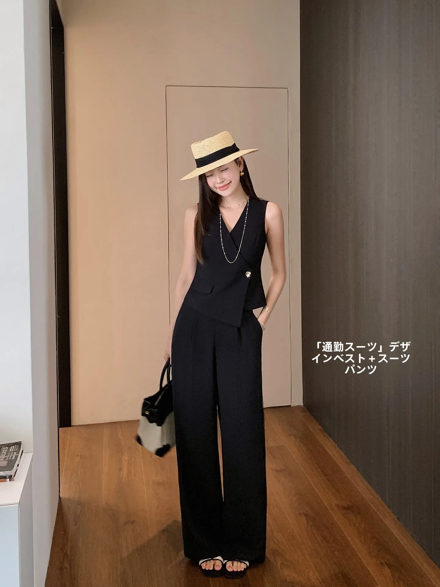 

Ms.Daoge Commute Fashion Set Women's Suit Vest Wide Leg Pants Two-Piece Summer Workwear Breathable Polyester Fiber V-Neck Button