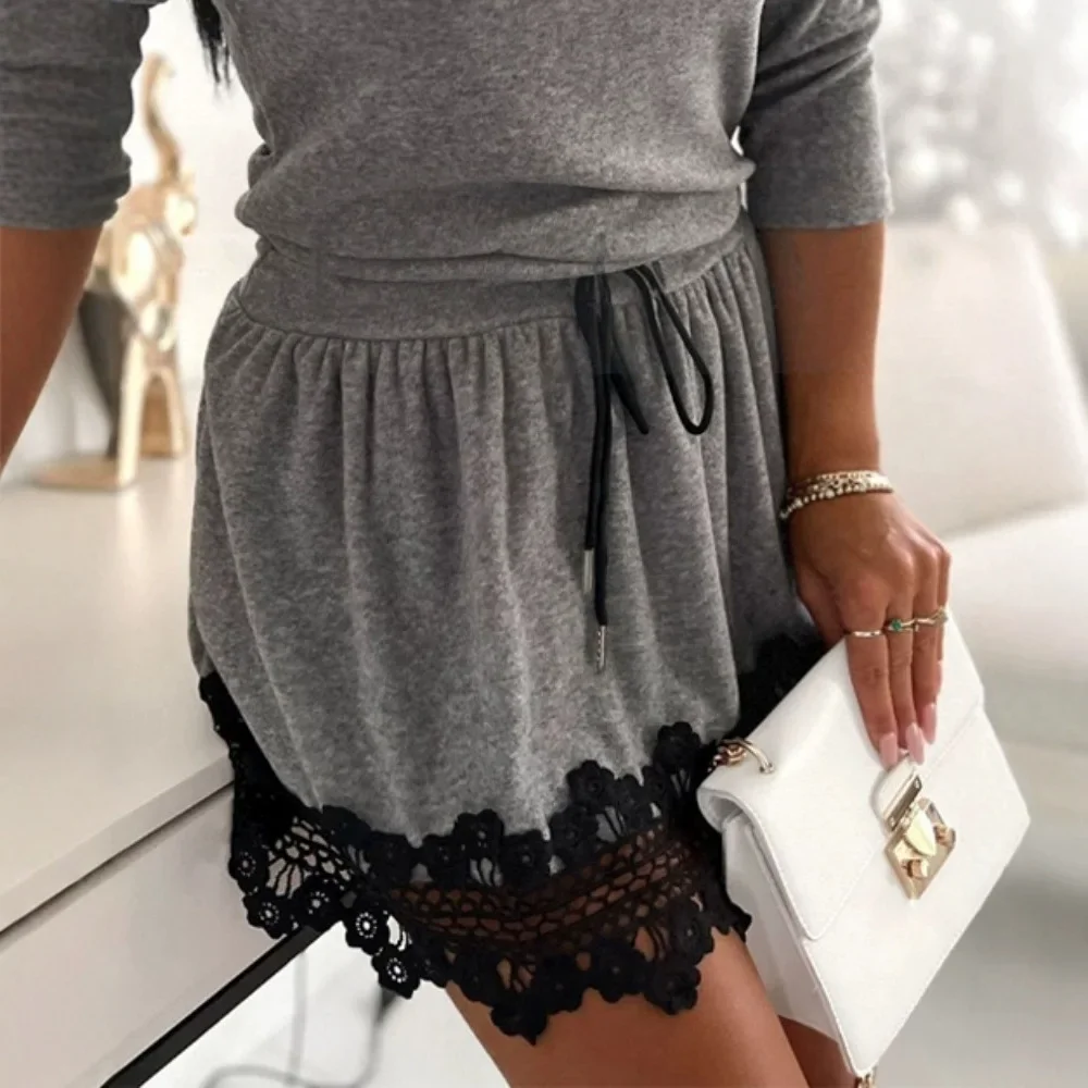 Dress Women Latest Crewneck Drawstring Waist Casual Round Neck Lace Bodycon Mini Dresses Tight Short Skirt 2025 Autumn Winter