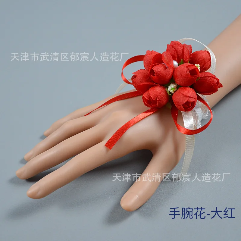 Einteilige Satinband-Kunstblumen-Rosen-Handgelenk-Corsage Brautjungfernblumen für Hochzeitsfeier-Dekoration
